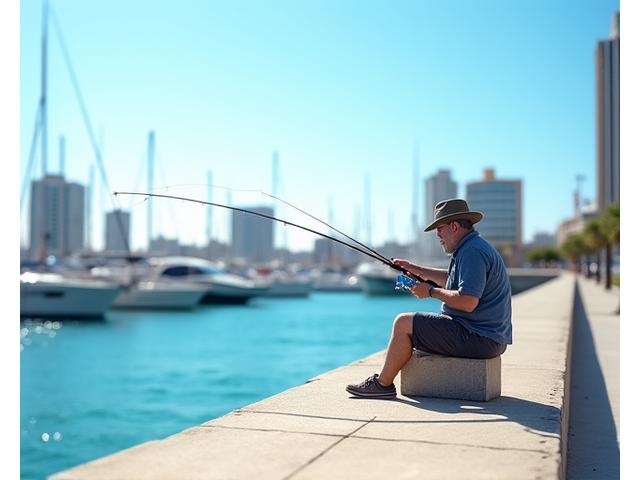 Pescador urbano en un muelle de la Marina de Valencia, con skyline de la ciudad al fondo