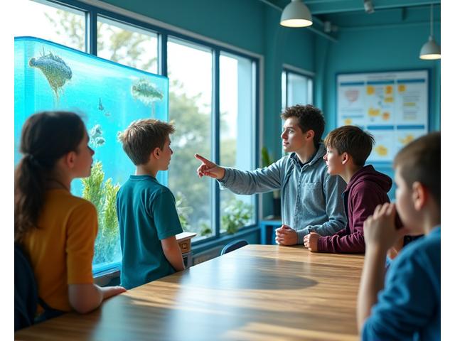 Un grupo de estudiantes y un instructor examinando especímenes de peces en un aula o centro de investigación marina